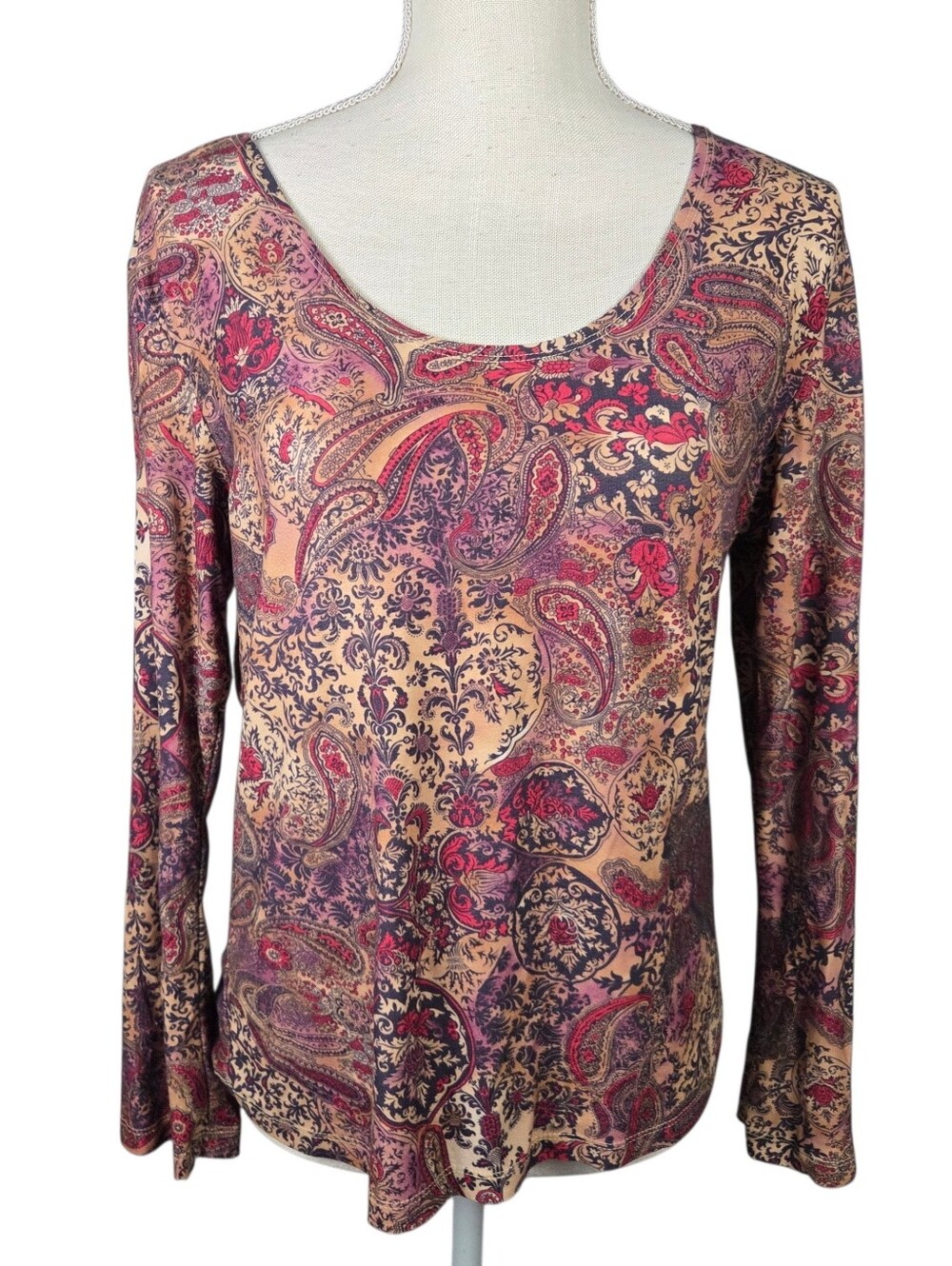 🔥4/$20 Vintage Gallery Paisley Shirt Medium -Red & Tan -Long Sleeve -Round Neck